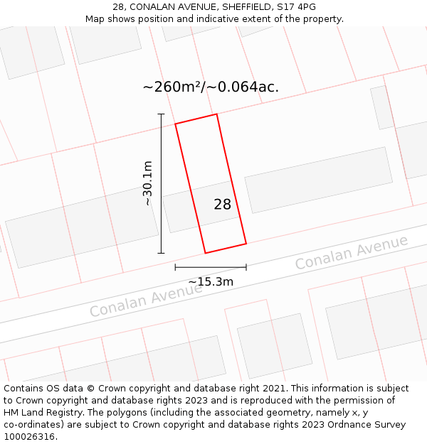 28, CONALAN AVENUE, SHEFFIELD, S17 4PG: Plot and title map
