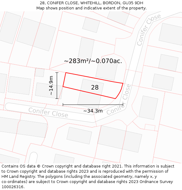 28, CONIFER CLOSE, WHITEHILL, BORDON, GU35 9DH: Plot and title map