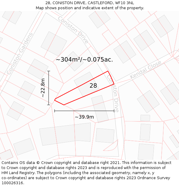 28, CONISTON DRIVE, CASTLEFORD, WF10 3NL: Plot and title map