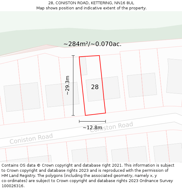 28, CONISTON ROAD, KETTERING, NN16 8UL: Plot and title map