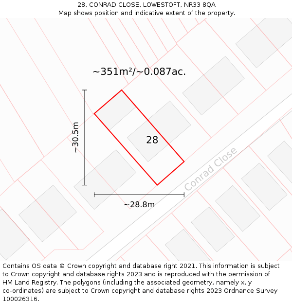 28, CONRAD CLOSE, LOWESTOFT, NR33 8QA: Plot and title map