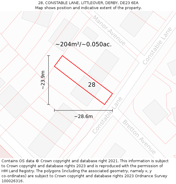 28, CONSTABLE LANE, LITTLEOVER, DERBY, DE23 6EA: Plot and title map