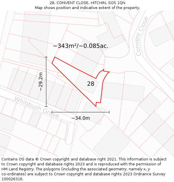 28, CONVENT CLOSE, HITCHIN, SG5 1QN: Plot and title map