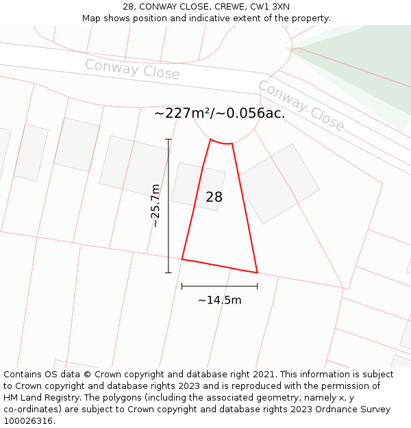 28, CONWAY CLOSE, CREWE, CW1 3XN: Plot and title map