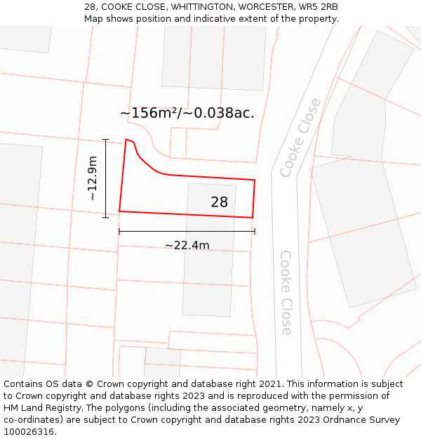 28, COOKE CLOSE, WHITTINGTON, WORCESTER, WR5 2RB: Plot and title map