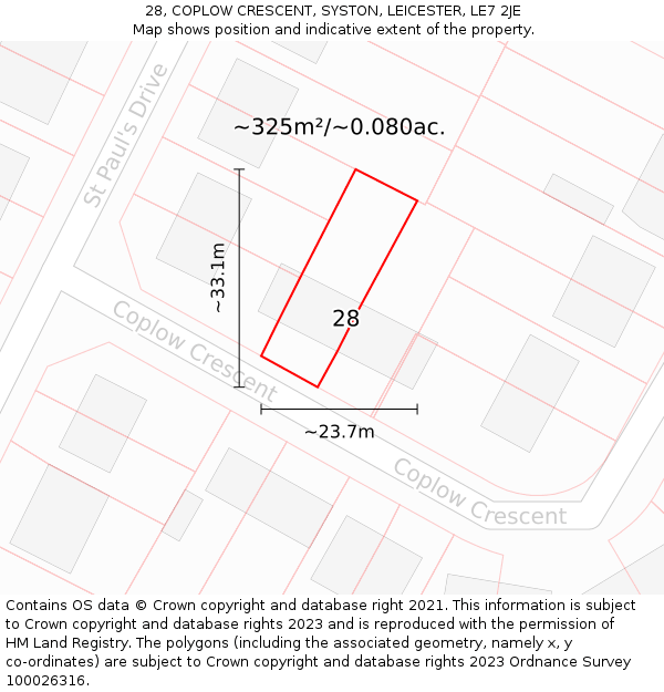 28, COPLOW CRESCENT, SYSTON, LEICESTER, LE7 2JE: Plot and title map