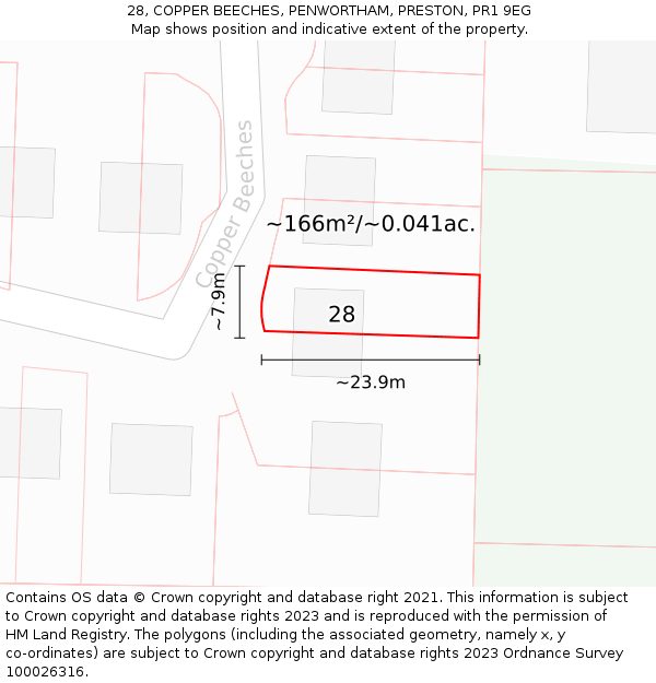 28, COPPER BEECHES, PENWORTHAM, PRESTON, PR1 9EG: Plot and title map