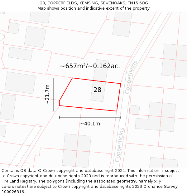 28, COPPERFIELDS, KEMSING, SEVENOAKS, TN15 6QG: Plot and title map