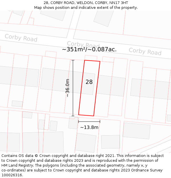28, CORBY ROAD, WELDON, CORBY, NN17 3HT: Plot and title map