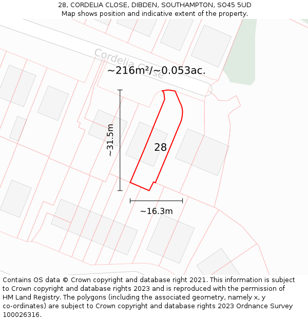 28, CORDELIA CLOSE, DIBDEN, SOUTHAMPTON, SO45 5UD: Plot and title map