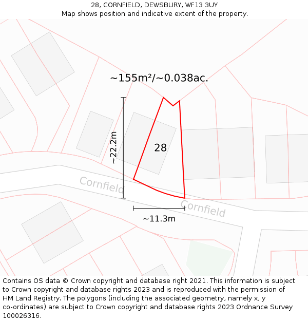 28, CORNFIELD, DEWSBURY, WF13 3UY: Plot and title map
