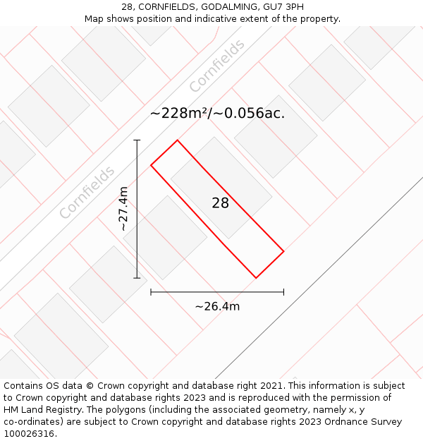28, CORNFIELDS, GODALMING, GU7 3PH: Plot and title map