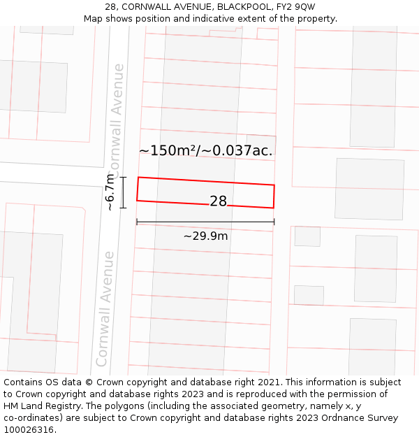 28, CORNWALL AVENUE, BLACKPOOL, FY2 9QW: Plot and title map