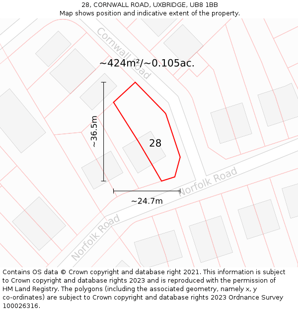 28, CORNWALL ROAD, UXBRIDGE, UB8 1BB: Plot and title map