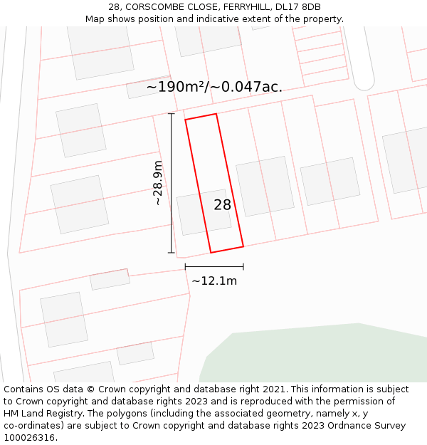 28, CORSCOMBE CLOSE, FERRYHILL, DL17 8DB: Plot and title map
