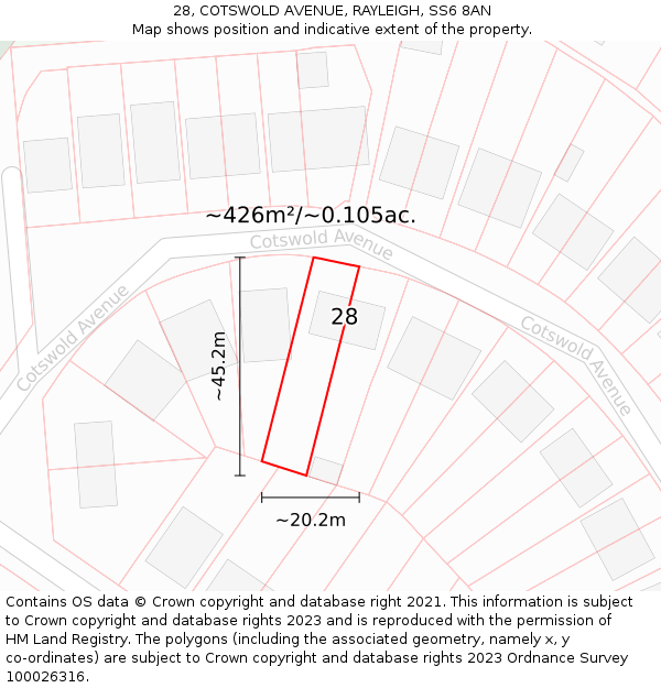 28, COTSWOLD AVENUE, RAYLEIGH, SS6 8AN: Plot and title map