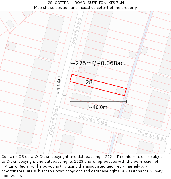 28, COTTERILL ROAD, SURBITON, KT6 7UN: Plot and title map