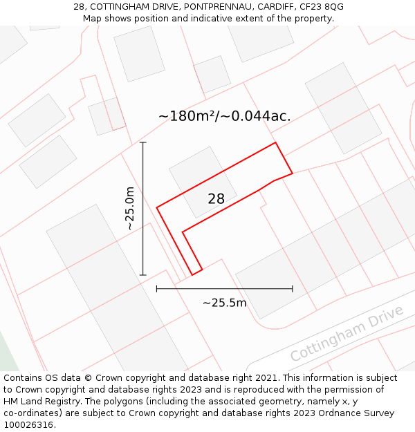 28, COTTINGHAM DRIVE, PONTPRENNAU, CARDIFF, CF23 8QG: Plot and title map