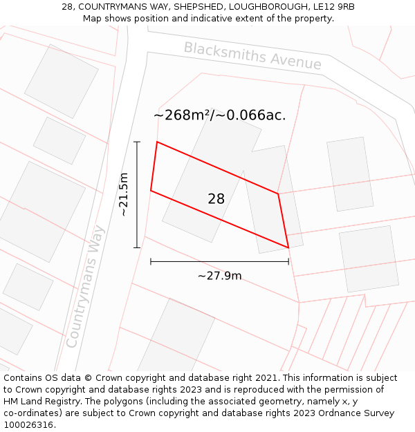 28, COUNTRYMANS WAY, SHEPSHED, LOUGHBOROUGH, LE12 9RB: Plot and title map