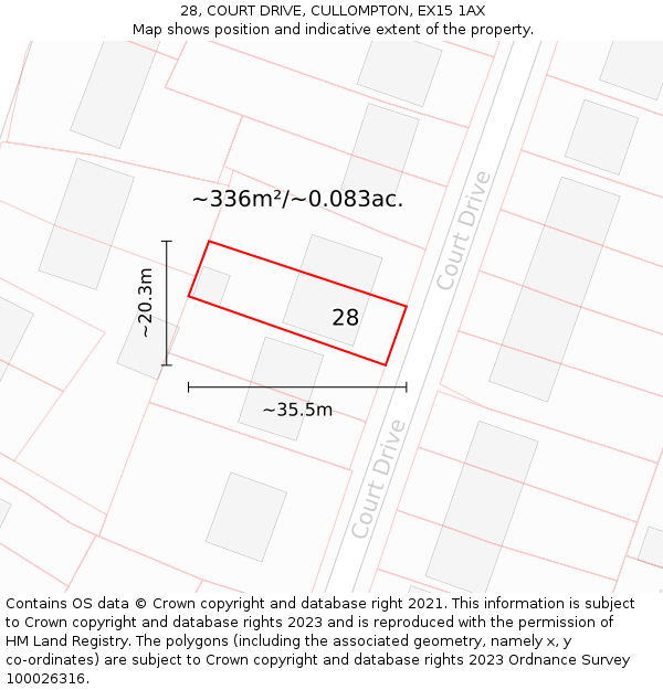 28, COURT DRIVE, CULLOMPTON, EX15 1AX: Plot and title map