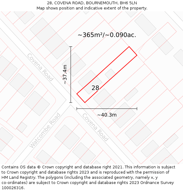 28, COVENA ROAD, BOURNEMOUTH, BH6 5LN: Plot and title map