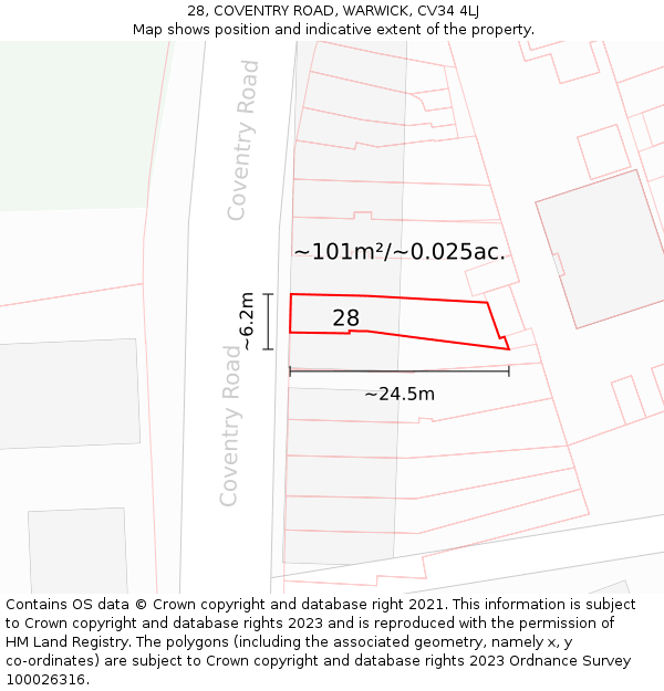 28, COVENTRY ROAD, WARWICK, CV34 4LJ: Plot and title map