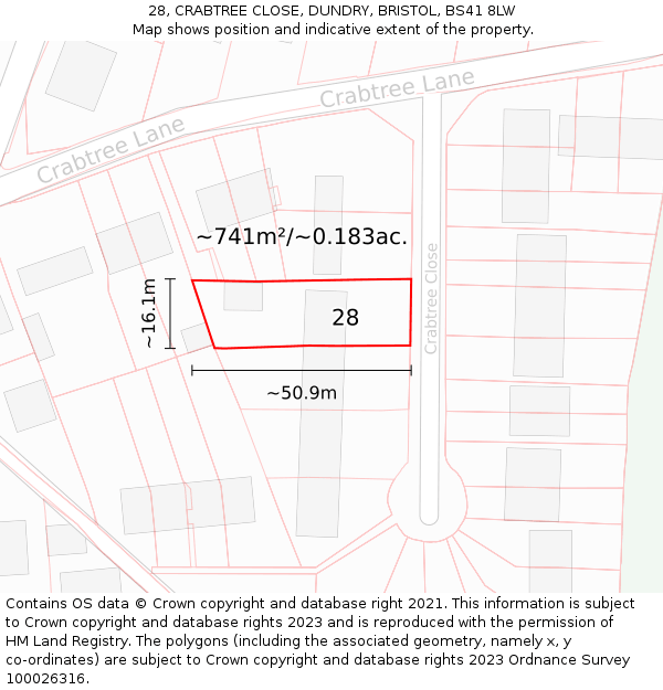 28, CRABTREE CLOSE, DUNDRY, BRISTOL, BS41 8LW: Plot and title map