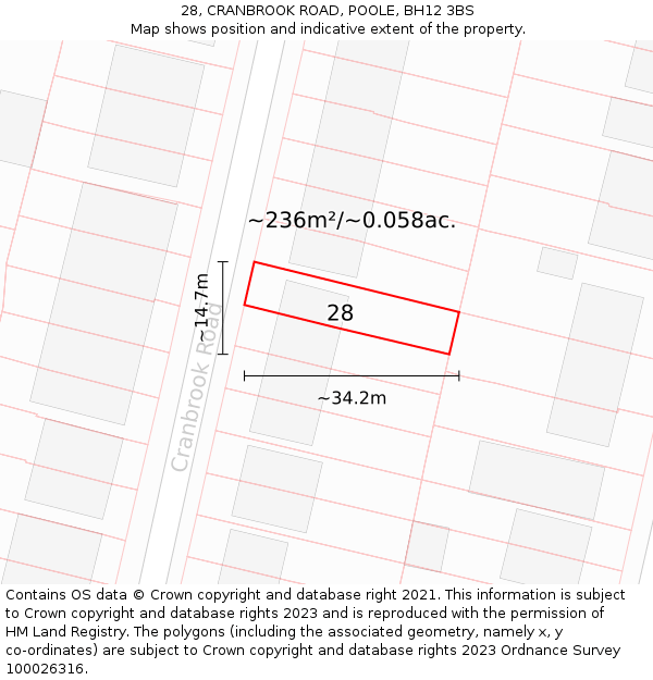 28, CRANBROOK ROAD, POOLE, BH12 3BS: Plot and title map