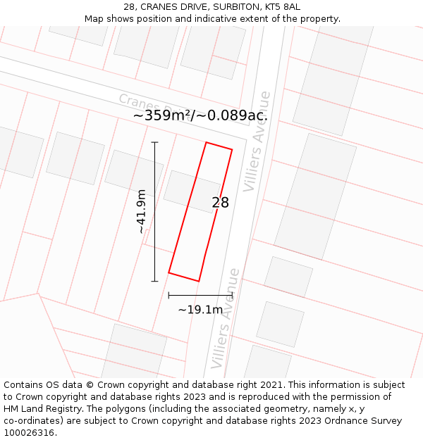 28, CRANES DRIVE, SURBITON, KT5 8AL: Plot and title map