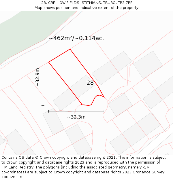 28, CRELLOW FIELDS, STITHIANS, TRURO, TR3 7RE: Plot and title map