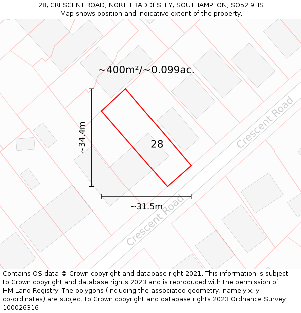 28, CRESCENT ROAD, NORTH BADDESLEY, SOUTHAMPTON, SO52 9HS: Plot and title map