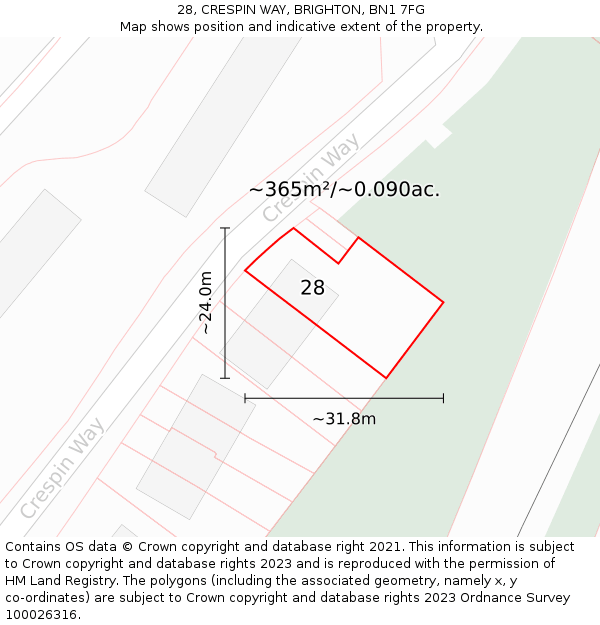 28, CRESPIN WAY, BRIGHTON, BN1 7FG: Plot and title map