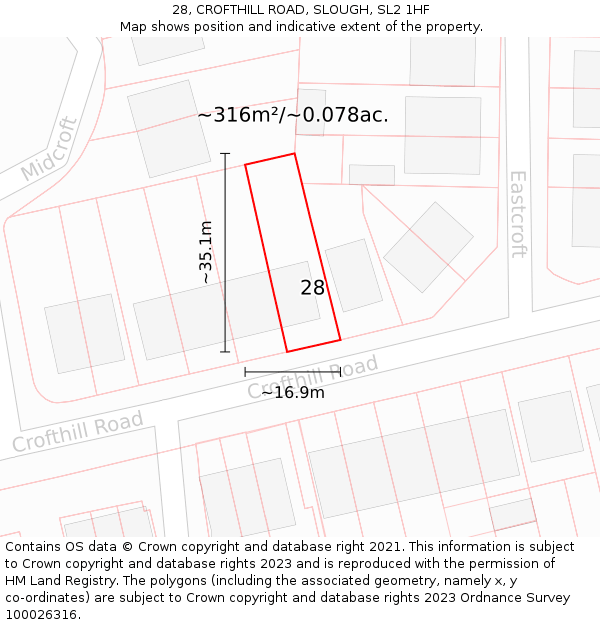 28, CROFTHILL ROAD, SLOUGH, SL2 1HF: Plot and title map