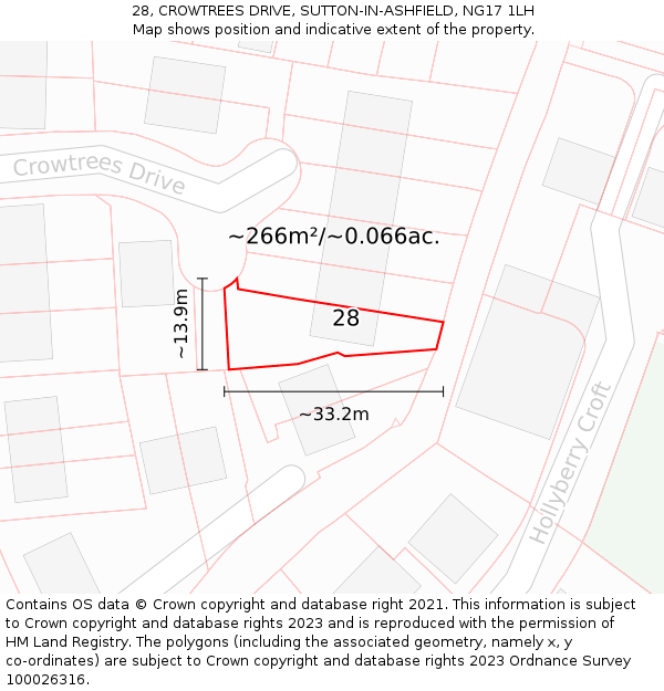 28, CROWTREES DRIVE, SUTTON-IN-ASHFIELD, NG17 1LH: Plot and title map
