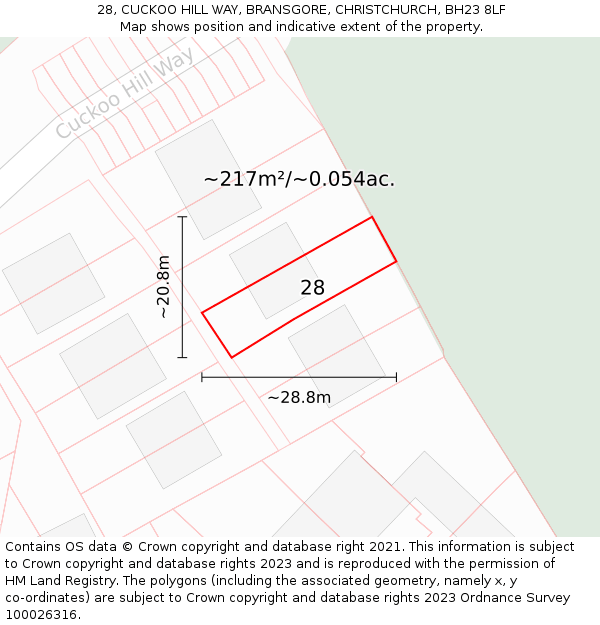 28, CUCKOO HILL WAY, BRANSGORE, CHRISTCHURCH, BH23 8LF: Plot and title map