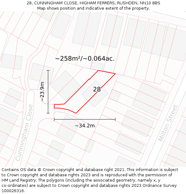 28, CUNNINGHAM CLOSE, HIGHAM FERRERS, RUSHDEN, NN10 8BS: Plot and title map