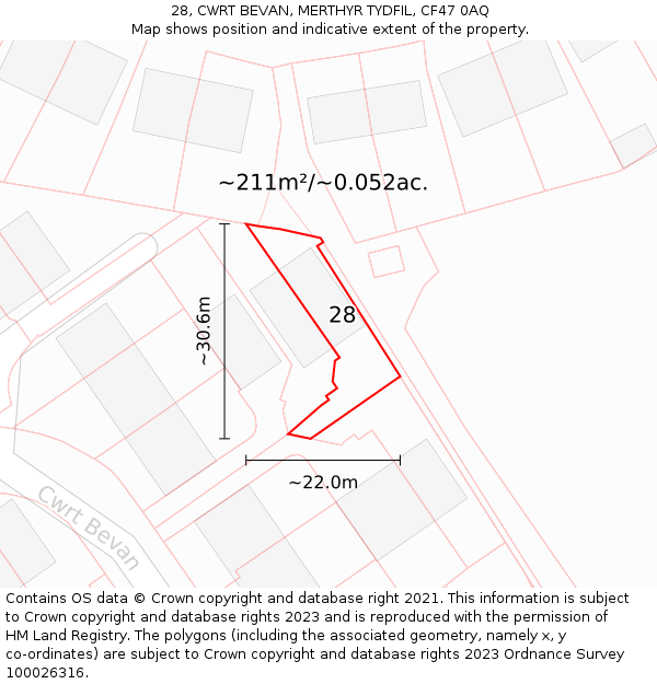 28, CWRT BEVAN, MERTHYR TYDFIL, CF47 0AQ: Plot and title map