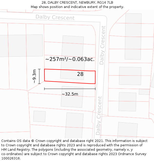 28, DALBY CRESCENT, NEWBURY, RG14 7LB: Plot and title map