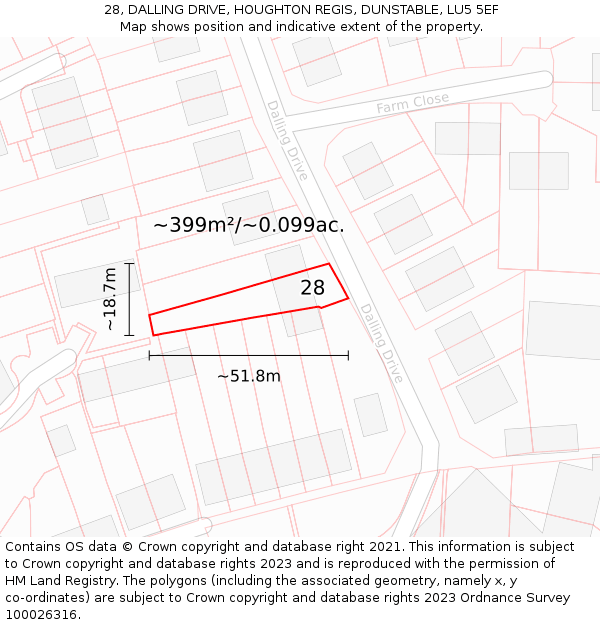 28, DALLING DRIVE, HOUGHTON REGIS, DUNSTABLE, LU5 5EF: Plot and title map