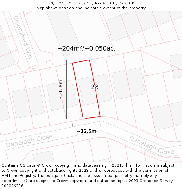 28, DANELAGH CLOSE, TAMWORTH, B79 8LR: Plot and title map