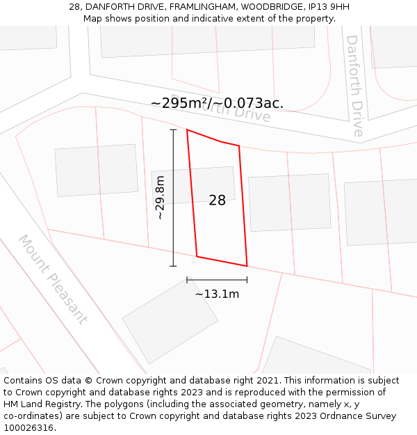 28, DANFORTH DRIVE, FRAMLINGHAM, WOODBRIDGE, IP13 9HH: Plot and title map