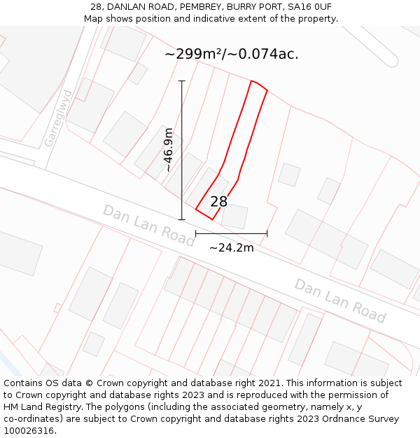 28, DANLAN ROAD, PEMBREY, BURRY PORT, SA16 0UF: Plot and title map