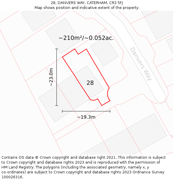 28, DANVERS WAY, CATERHAM, CR3 5FJ: Plot and title map