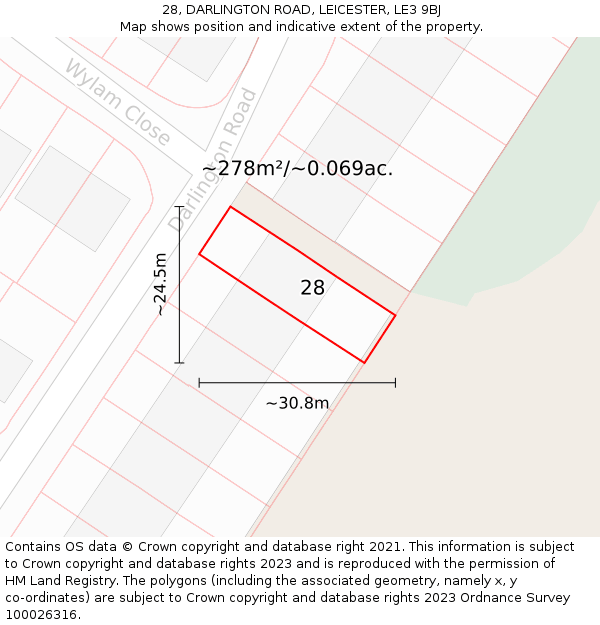 28, DARLINGTON ROAD, LEICESTER, LE3 9BJ: Plot and title map