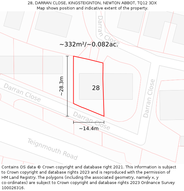 28, DARRAN CLOSE, KINGSTEIGNTON, NEWTON ABBOT, TQ12 3DX: Plot and title map