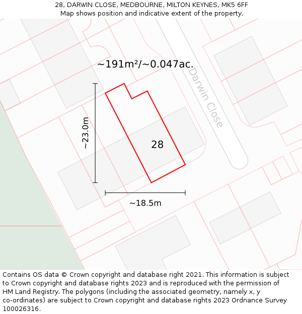 28, DARWIN CLOSE, MEDBOURNE, MILTON KEYNES, MK5 6FF: Plot and title map