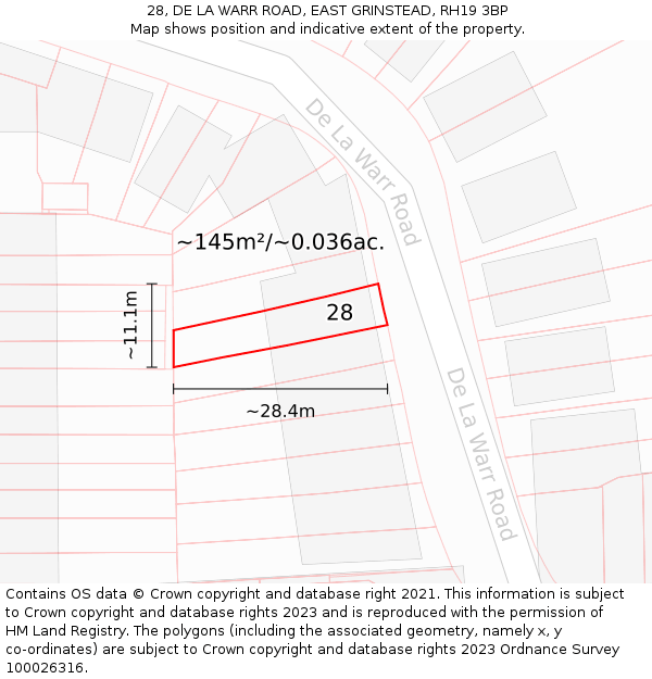 28, DE LA WARR ROAD, EAST GRINSTEAD, RH19 3BP: Plot and title map