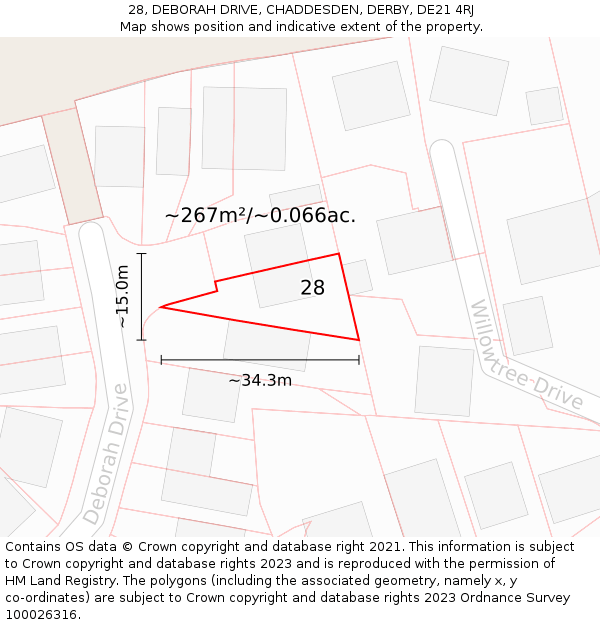 28, DEBORAH DRIVE, CHADDESDEN, DERBY, DE21 4RJ: Plot and title map