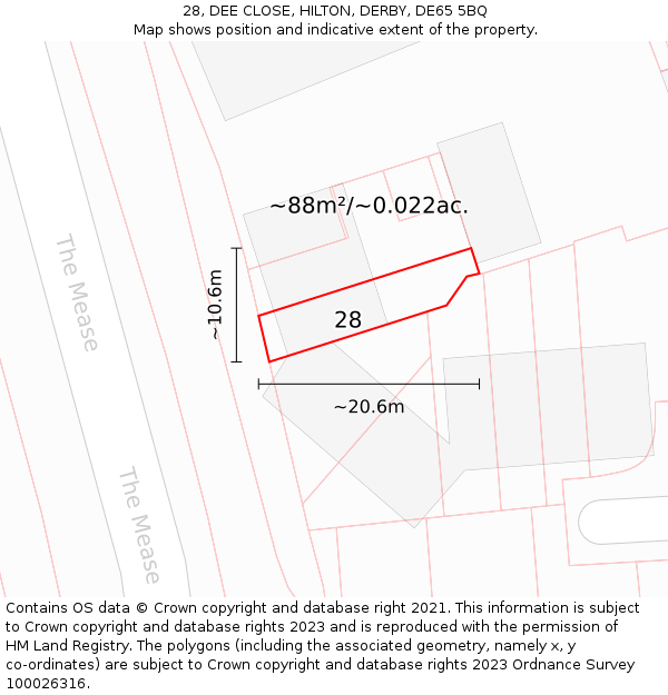 28, DEE CLOSE, HILTON, DERBY, DE65 5BQ: Plot and title map