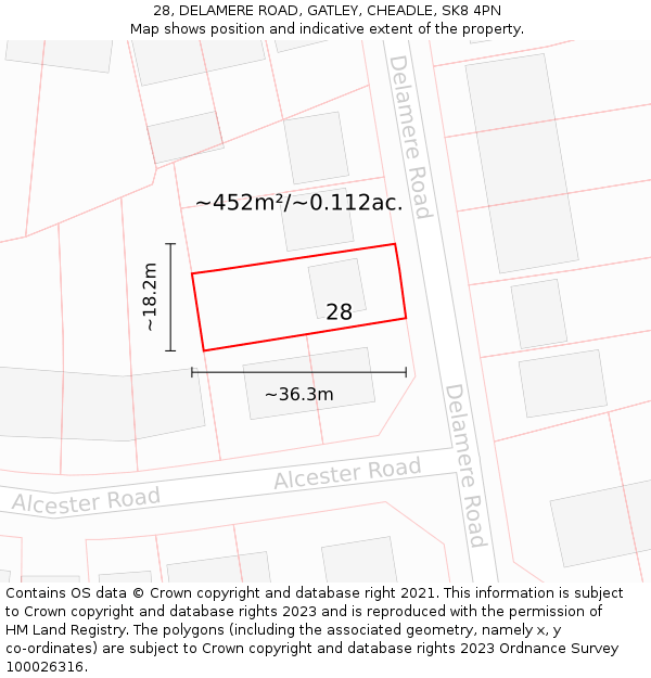 28, DELAMERE ROAD, GATLEY, CHEADLE, SK8 4PN: Plot and title map